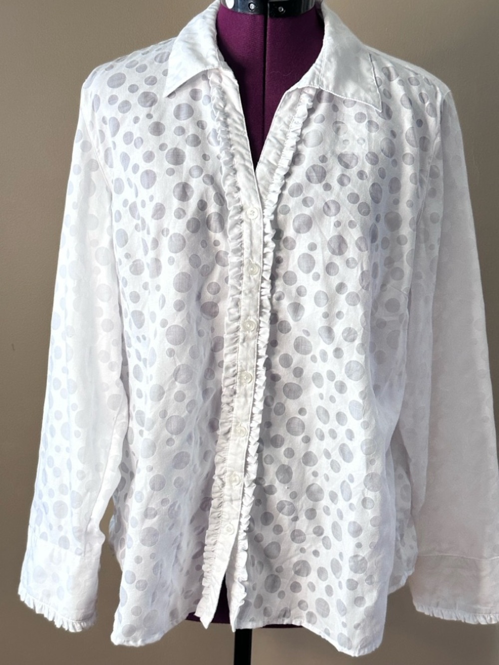 Northern Reflections White Ruffled Button Down Shirt with Sheer Polka Dot Print